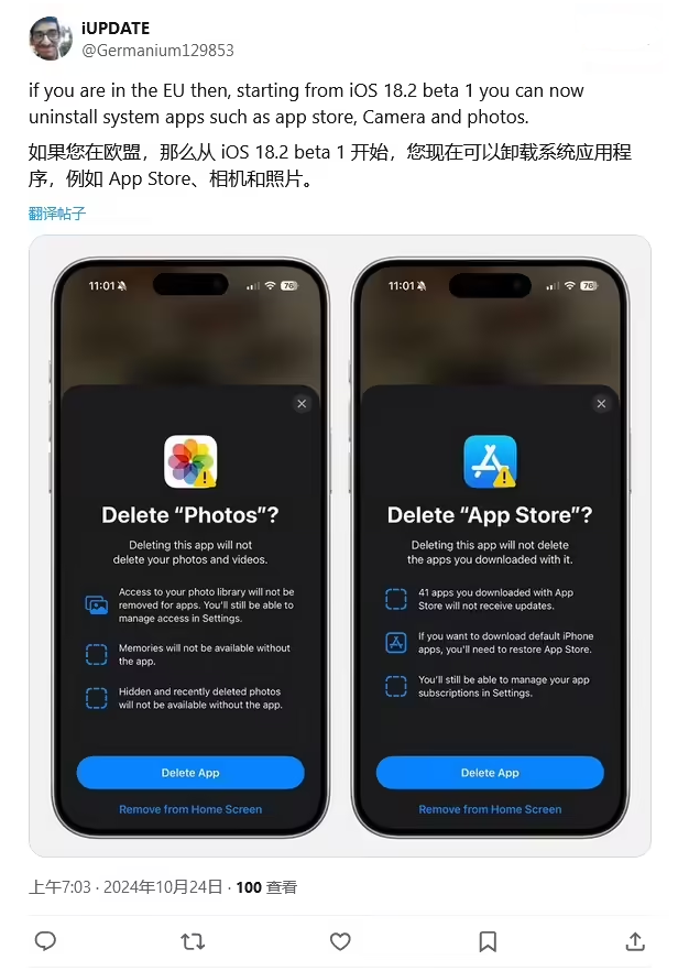 涪城苹果手机维修分享iOS 18.2 支持删除 App Store 应用商店 