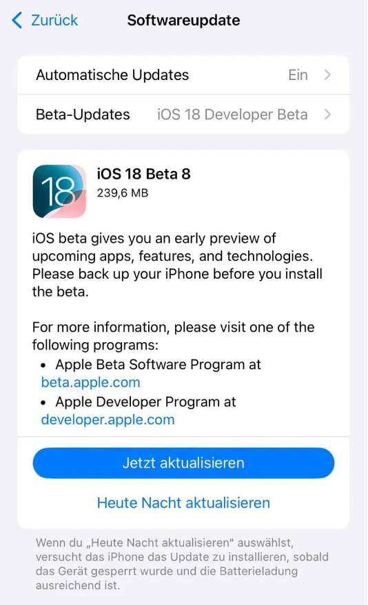 涪城苹果手机维修分享苹果 iOS / iPadOS 18 开发者预览版 Beta 8 发布 